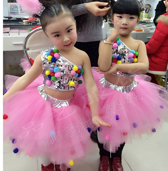 

children girls sequined costumes jazz modern jazz dance costume catwalk show clothes children tutu veil, Black;red