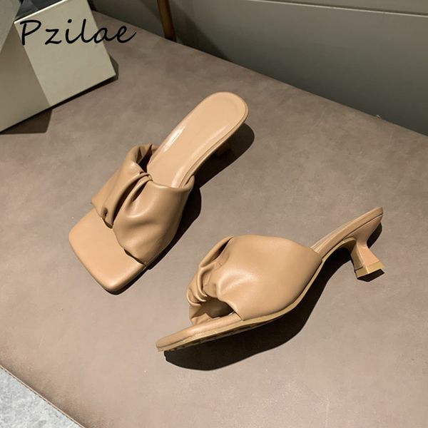 

pzilae new fashion women summer slippers square toe med heel slippers women outdoor casual slides party dress shoes beige, Black