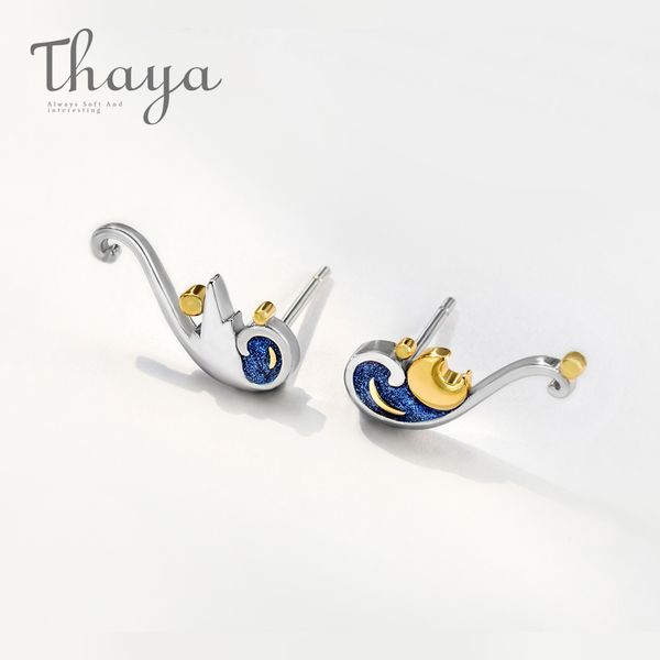 

thaya 925 серебряные серьги блеск ван гога золотая луна звезда серьги стержня чешские старинные эмаль партии ювелирные изделия для женщин t1, Silver