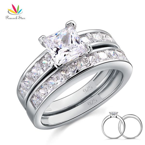 Peacock Star Solid 925 Sterling Silver 2-Pcs Wedding Engagement Ring Set 1 Ct Princess Cut Jewelry CFR8020 CJ191216