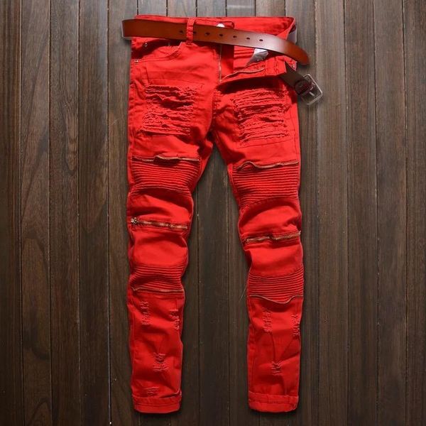 

clothing fit straight biker ripper zipper full length classic slim mens jeans men men's pants casual pants size 38 36 28, Blue