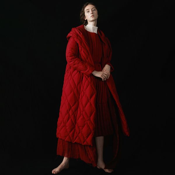 

2018 winter new collection original design linen patchwork red long white duck down jacket coat women, Black