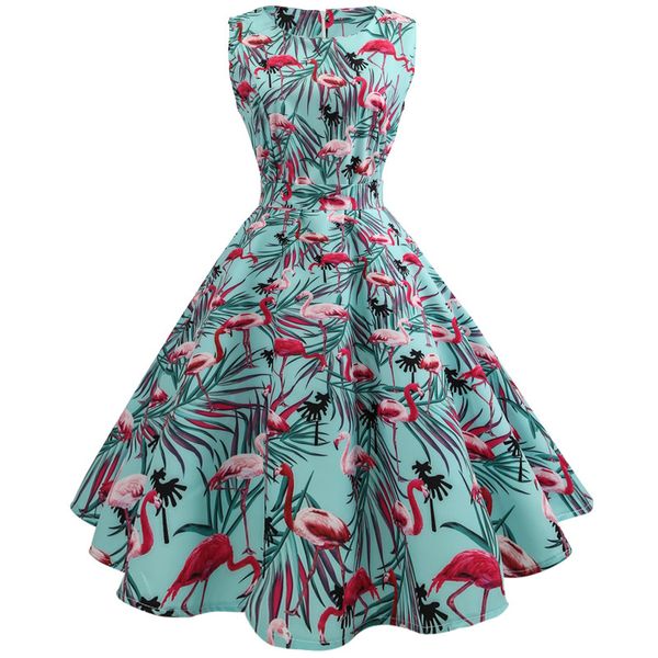 

womens clothing ladies dresses vintage dresses 2019 flamingo print summer dress for women 50s 60s sleeveless party mujer large swing, Black;gray