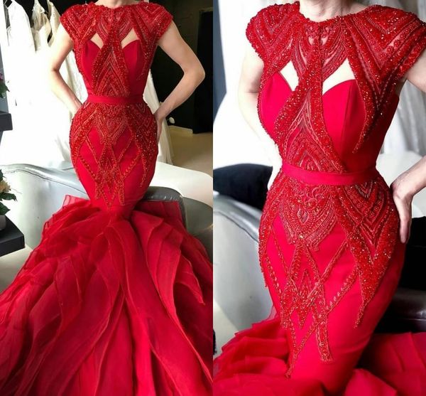 

red mermaid cap sleeves evening dresses vintage beaded ruflles prom gown plus size sweep train formal party red carpet wear, Black;red