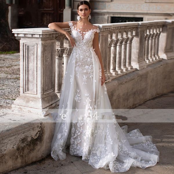 

romantic sheer neck cap sleeve wedding dresses 2020 gorgeous lace appliques princess bridal gowns with detachable train, White
