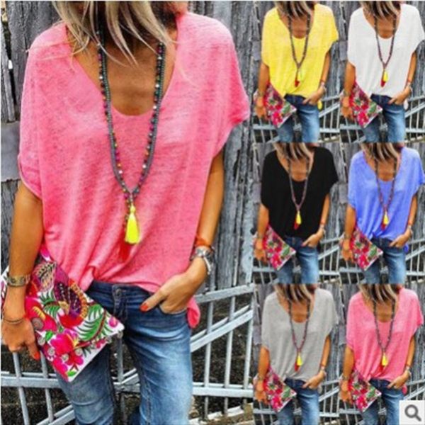 

2019 summer color v-neck short-sleeved t- base women's dress 2019 summer color candy candy v-neck short-sleeved t-shirt base shirt wome, White