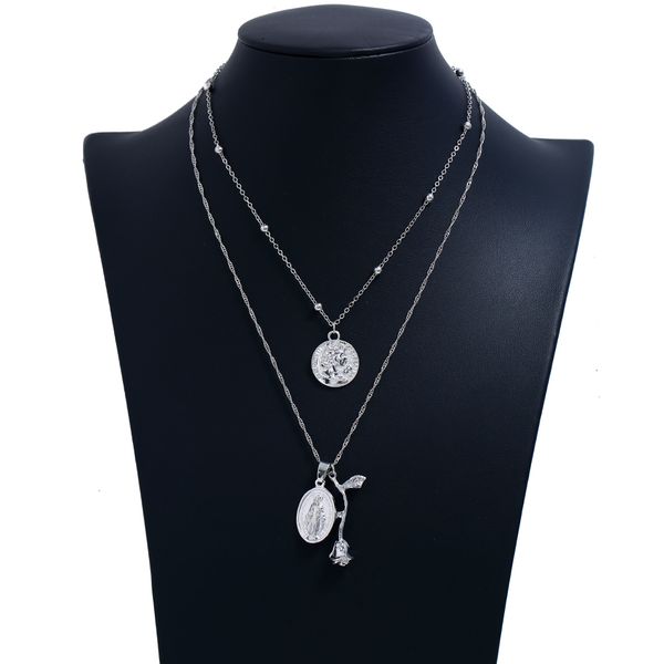 

new necklace jewelry simple beads clavicle chain religious retro virgin mary rose pendant necklace 2 layers set, Silver