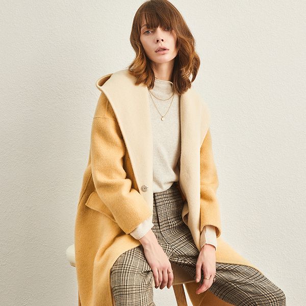 

осень и зима 2019 новый лидирующий 100% шерсть двухлобная шерстяных пальто женщин длинного с капюшоном пальто шерсти кашемир пальто свободно, Black