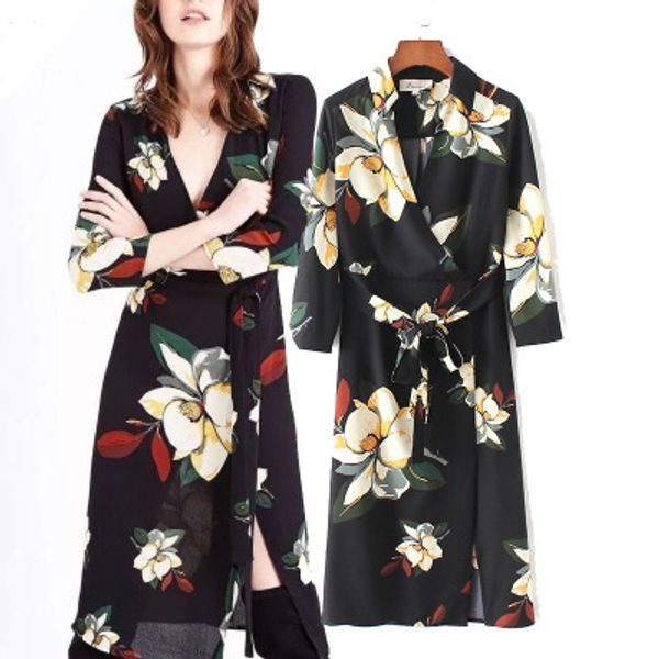 

women fashion lond dress holiday loose sundress floral print v neck long sleeve elegante dresses female fashion dresses, Black;gray