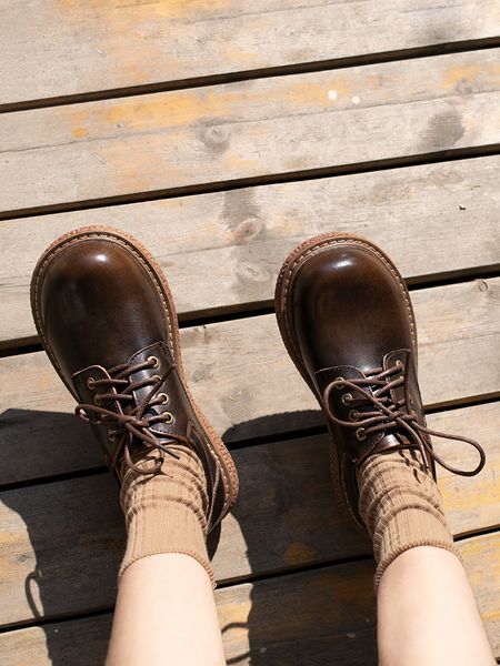 

artdiya big toe women shoes leather handmade shoes retro roundtoe thick sole flat sole college style wide feet fat feet, Black