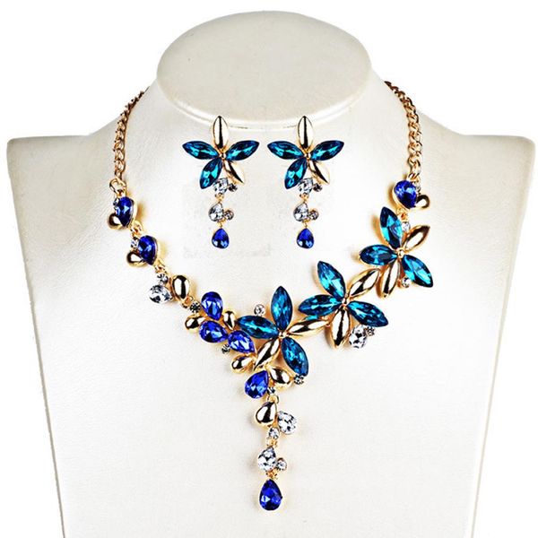 

womens short collar necklaces jewelry color crystal five leaves flowers rhinestone statement gothic necklace earring jewelry set, Slivery;golden