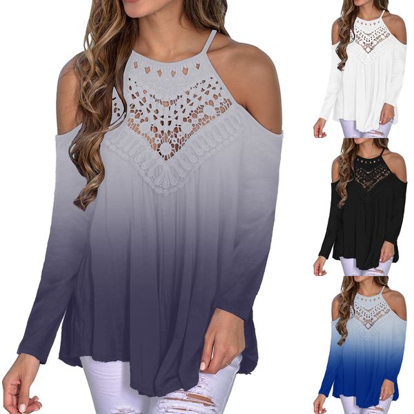

european and american women's clothing hollow out long sleeved off-shoulder gradient t-shirt, White