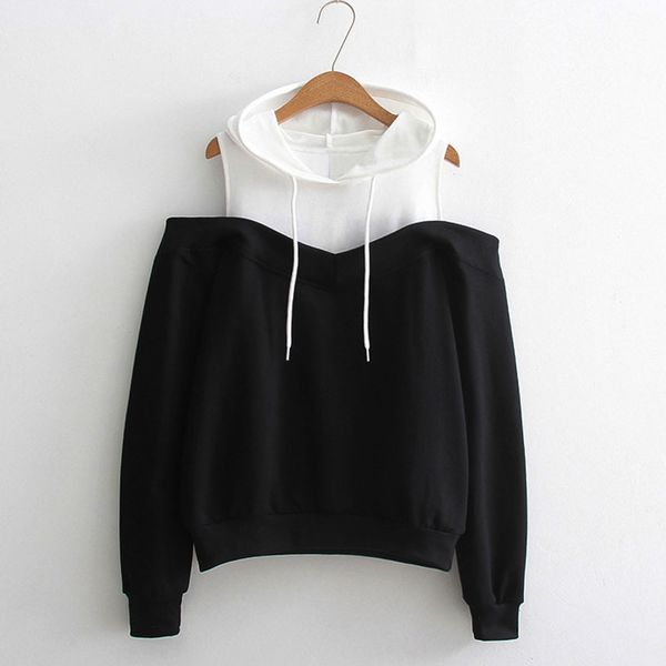 

women hoodie woman clothes womens patchwork sweatshirts hoodie cold shoulder sweatshirt hooded pullover jumper sudadera mujer, Black