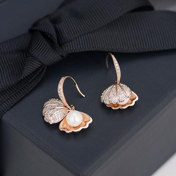 

korea style sea shell shape earrings for women sweet cz diamond imitation pearl earring er00820, Golden;silver
