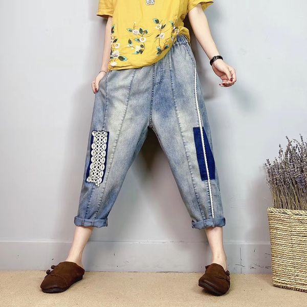 

the blue silk pasted cloth loose thin elastic waist harlan female trousers bk4804
