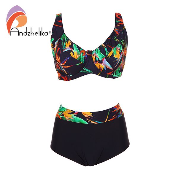 

andzhelika new plus size swimwear high waist bikinis women deep soft cup swimsuit floral print wide halter bathing suits