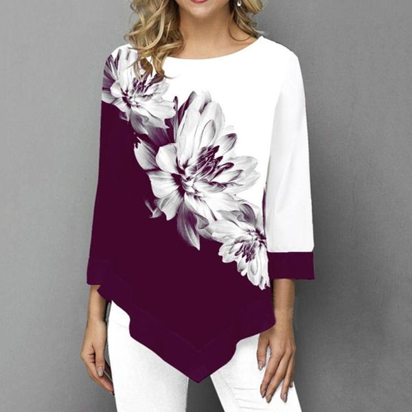 

shirt women spring autumn printing o-neck blouse 3/4 sleeve casual hem irregularity female fashion shirt plus size, White