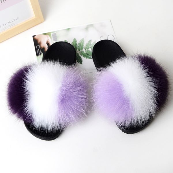 

wholesale real fluffy fur slides mixed color women fox fur slippers sandals, Black