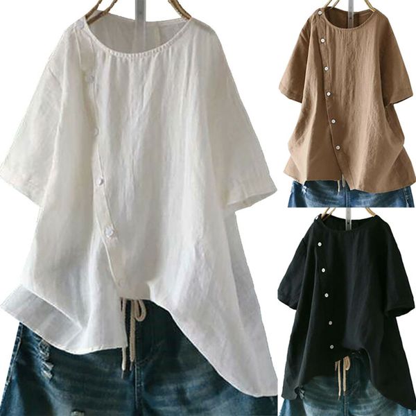

Plus Size Womens Cotton Linen Crew Neck Loose Casual Button Blouse Shirt Tops