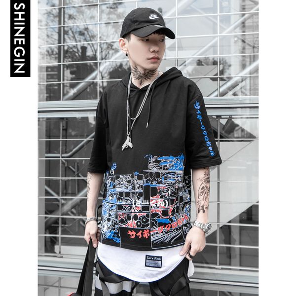 

shinegin japanese cartoon men's short sleeves hooded sweatshirts harajuku hip hop casual hoodies streetwear 2019 summer 287s, Black