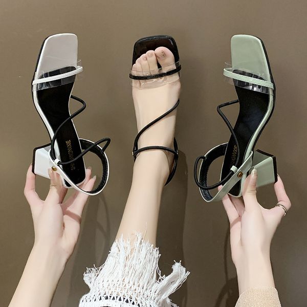 

female sandal beige heeled sandals comfort shoes for women med 2020 women's clear heels open toe buckle strap all-match ladies, Black