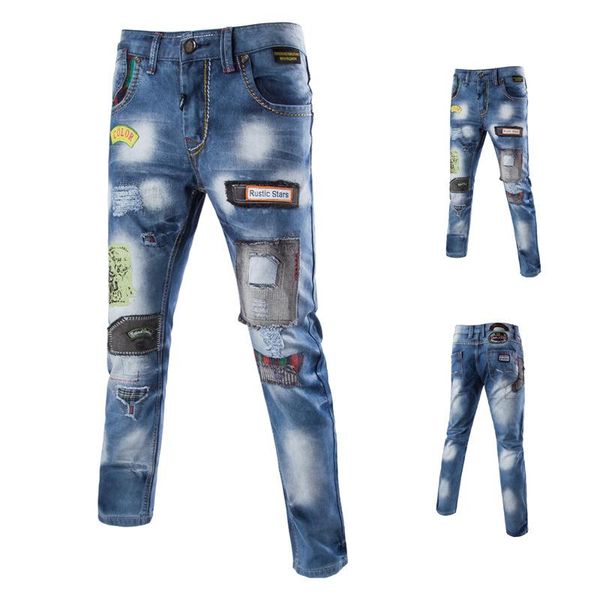 

wholesale 2019 autumn winter casual embroidery patch ripped hole men's jeans washed white slim straight men's denim trousers, Blue
