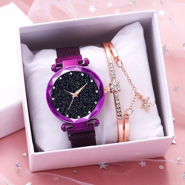 

women magnet buckle starry sky diamond watches luxury crystal ladies fashion quartz bracelet watches set for gift clock, Black