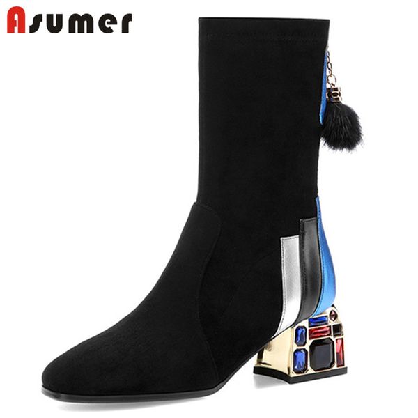 

asumer 2020 new arrival women ankle boots mixed colors crystal heels party wedding shoes autumn winter short boots female, Black