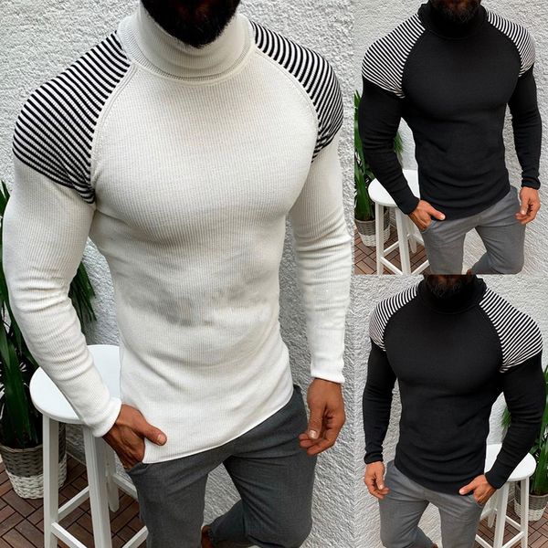 

autumn full sleeve knitwear korean style solid pullover slim spliced pull homme new turtleneck knitting sweater for men clothes, White;black