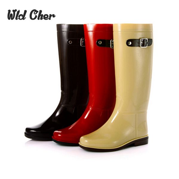 

charming cute british style bright mirror knee high fashion pvc rain boots water shoes rainboots for woman, Black