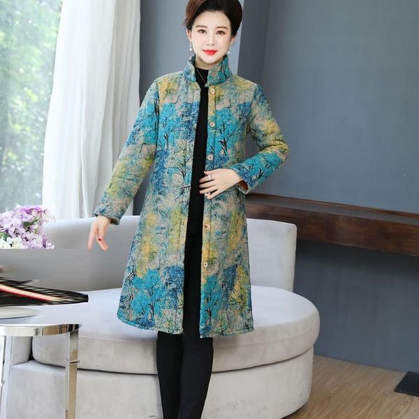 

women's down & parkas fashion women round collar warm retro printing long sleeve blouse loose coat slim moda feminina outwear x-long, Black