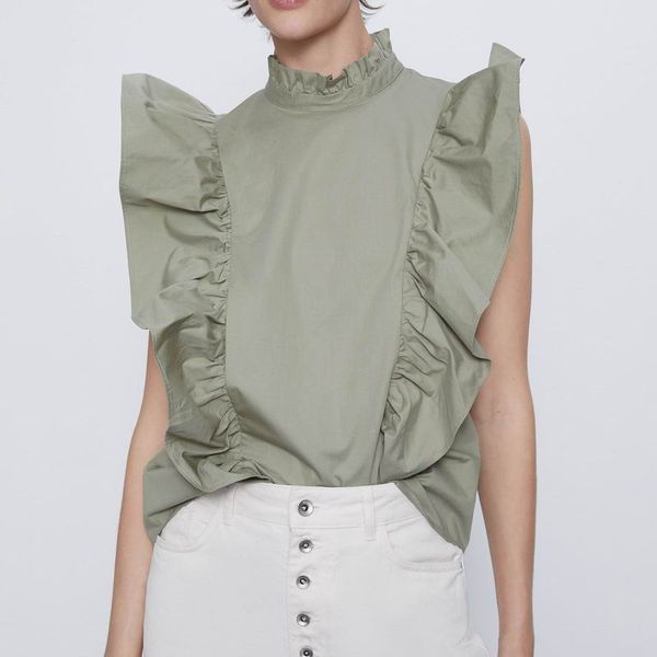 

women ruffle shirt summer 2020 new fashion modern girl blouse sleeveless, White
