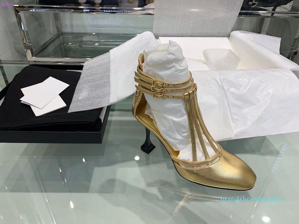 

high-heeled women's low-cut sandals, in crystal clear gold and black for stylish ladies at the party wedding