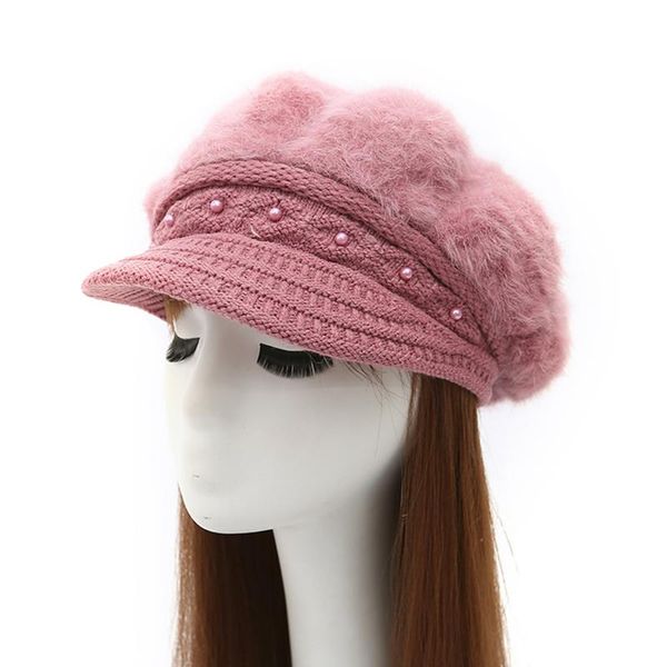 

women's fur knitted beanies fashion super warmer beret hat with velvet inside and pearl decoration casual female cap, Blue;gray
