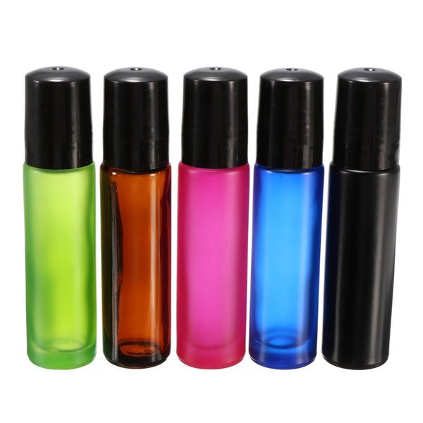 

5pcs mixed 10ml 1/3oz thick amber roll on glass steel roller ball refillable bottle fragrances essential oil bottle 5 colors