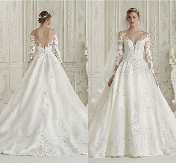 

Sexy Ball Gown Wedding Dresses Lace Long Sleeve V Neck Bridal Gowns Plus Size Luxury Arabic Wedding Dress Dubai vestidos de novia