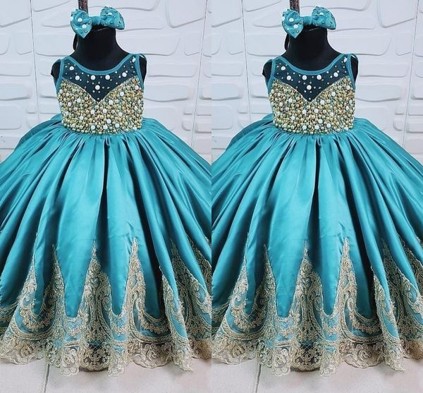 Dunkelgrünes Cupcake-Festzug-Kleid für Mädchen, Ballkleid, Perlen, Perlen, Juwelen, drapiert, Goldapplikationen, Erstkommunionkleid, Party, Blumenmädchenkleid