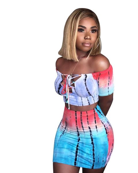 

women lace up crop and skirt set tie dye pattern printed t shirts casual tracksuit 2 piece outfits female designer, Gray