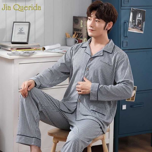 

fashion sleepwear men cotton spring autumn home clothing striped cardigan pocket mens pyjama set leisure night clothes for men, Black;brown