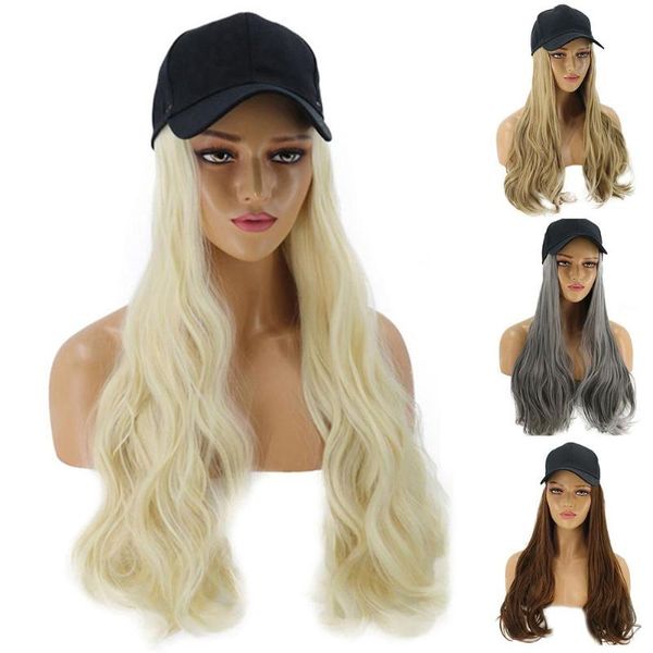 

women girl long curly wig synthetic hairpiece hair extension with baseball cap fashionable anti-ultraviolet sun hat streetwear, Blue;gray