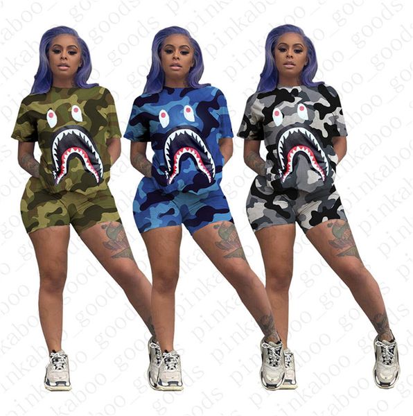 

women summer designer camo shorts set shark mouth print short sleeve t-shirt and shorts pants 2 pieces set outfit luxury sports suit d52509, Gray