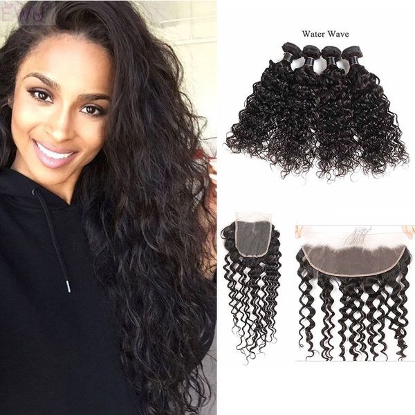 

9a water wave virgin hair extensions brazilian loose deep human hair bundles with closure brazilian hair 4 bundles with lace frontal, Black