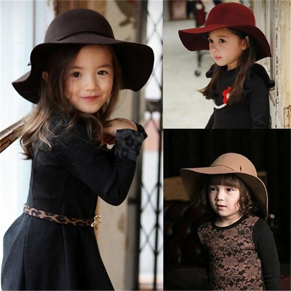 

autumn winter warm kids boys girls vintage wide brim cap soft wool felt bowknot bowler floppy children sun hat beach hat to501, Yellow