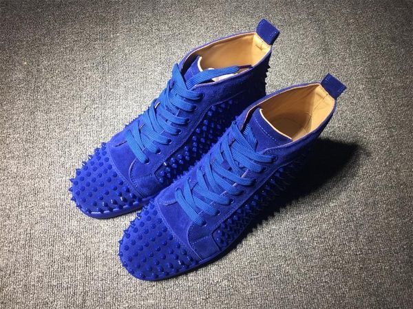 

red bottom sneaker luxury party wedding shoesgenuine leather louisfalt spikes lace -up casual shoes black blue studded spikes casual flats