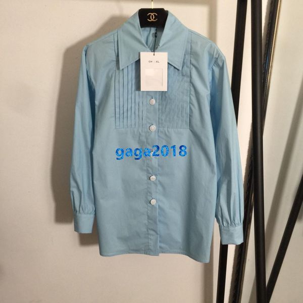 

high end женщины девушки хлопчатобумажная рубашка пэчворк плиссированные детали лацкан шеи однобортный с длинным рукавом тройник блузка модн, White