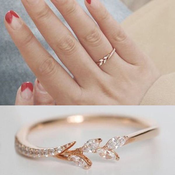 

fashion tiny crystal leaf engagement ring exquisite small fresh ladies gold color rings for women, Slivery;golden