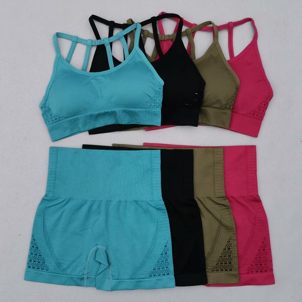 

yoga outfits energy seamless set women fitness clothing sportswear woman gym shorts+padded push-up strappy sports bra 2 pcs suits, White;red