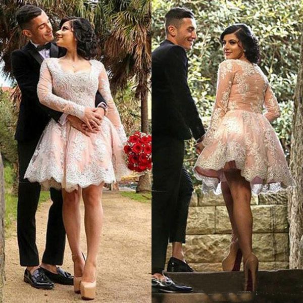 

short wedding dresses long sleeves blush pink arabic informal wedding dress scoop neck lace appliques plus size bridal gowns, White