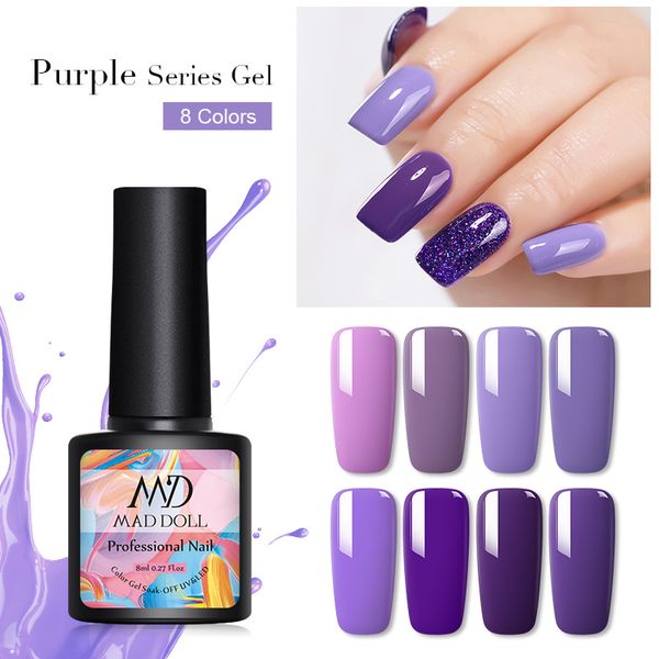 

mad doll 8ml gel nail polish purple series color long lasting soak off uv gel varnish one-snail art beauty design, Red;pink