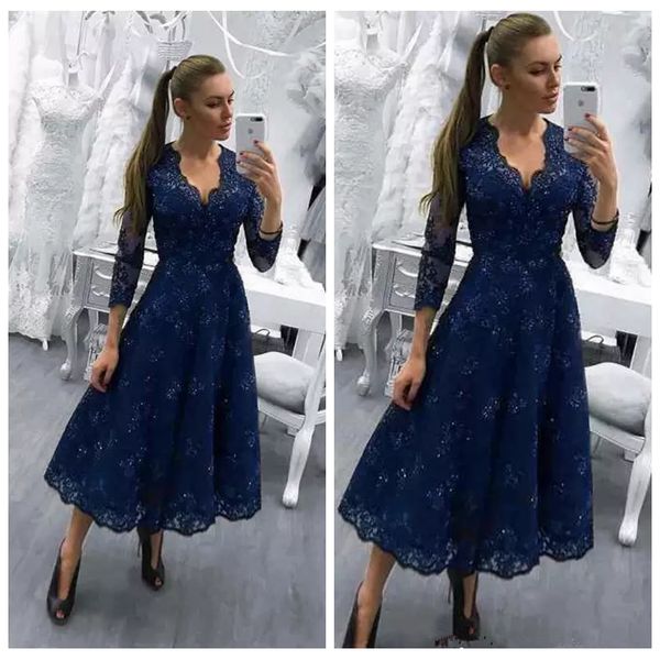 

long sleeves lace tea length formal prom dresses 2021 modest v-neck short formal special occasion evening party gowns modest vestidos, Black